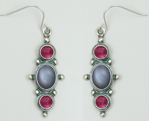 Sterling Silver Drop Dangle Earrings With Grey Moonstone And Pink Tourmaline Sterling Silver Drop Dangle Earrings With Grey Moonstone And Pink Tourmaline